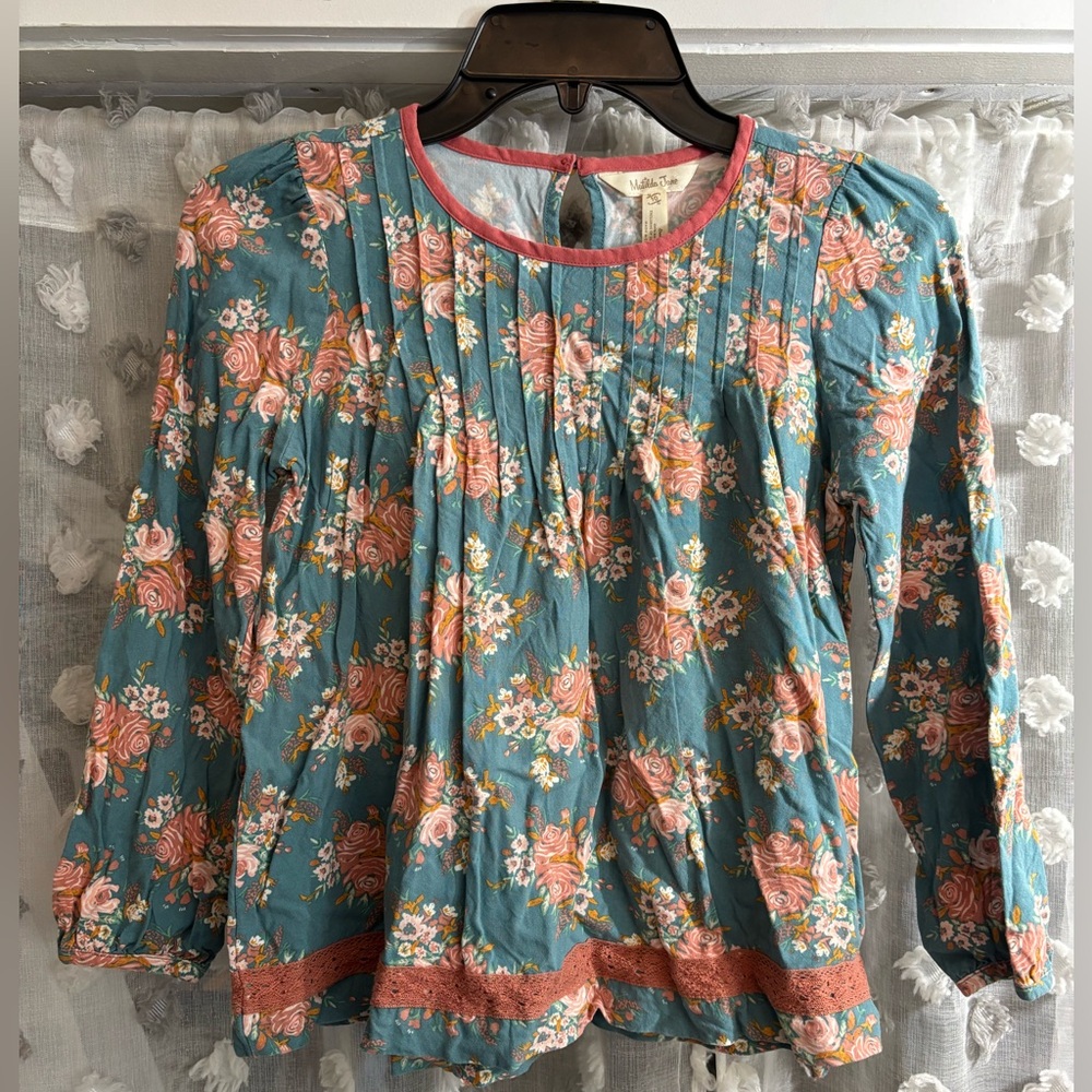 Matilda Jane Teal Floral Pintuck Blouse with Coral Accents